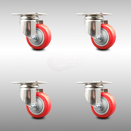 3 Inch 316SS Red Polyurethane Wheel Swivel Top Plate Caster Set